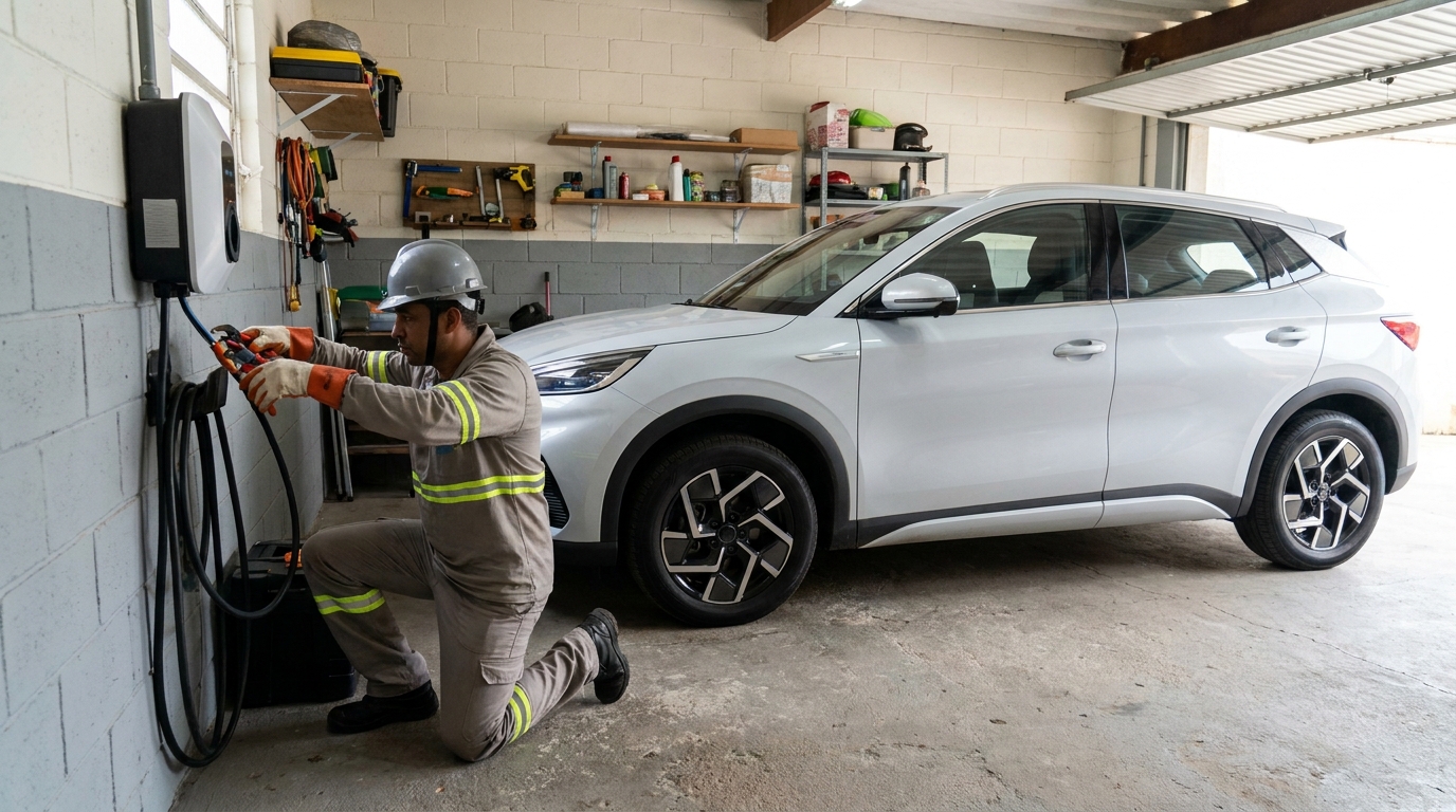 Eletricista instalando carregador de carro eletrico em Diadema‑SP