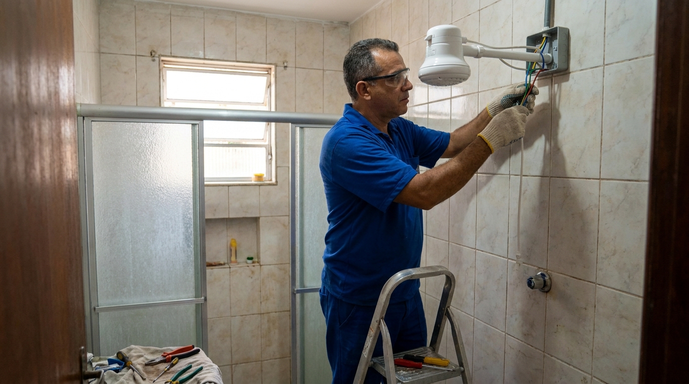Eletricista instalando chuveiro eletrico em Diadema‑SP